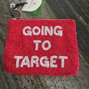 Red Beaded Pouch with White Text